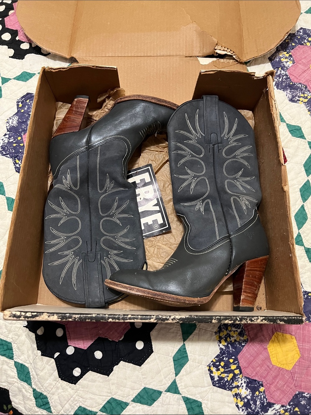 Frye Vintage dark gray Leather Western Boots with Brown Stacked Heel